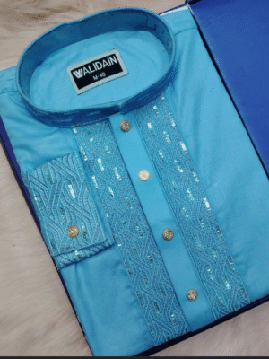 arong cotton sky blue karchupi 1 Vibrant Blue Panjabi with Sequin Embroidery